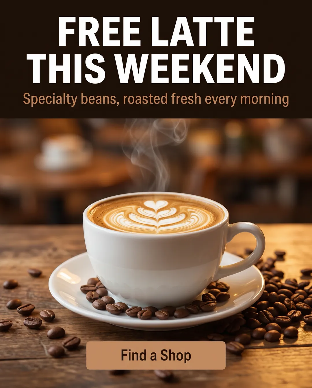 FREE LATTE THIS WEEKEND — AI-made ad for BrewCraft (fictional specialty coffee roaster with six cafés). Steaming latte on a café table with coffee beans, headline on a dark band.