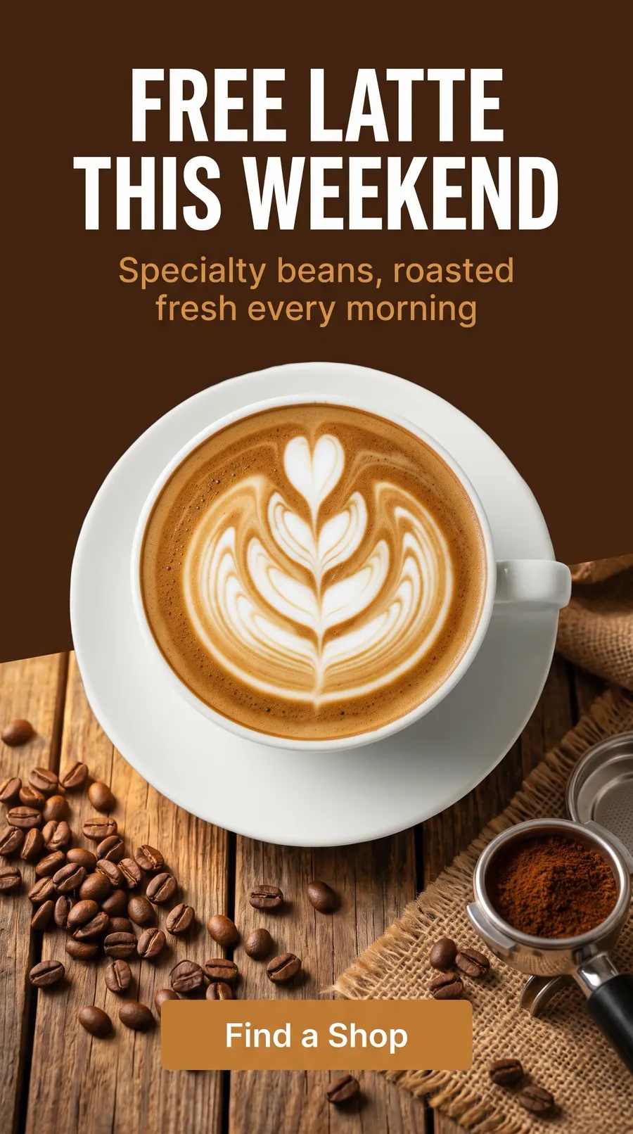 FREE LATTE THIS WEEKEND — AI-made ad for BrewCraft (fictional specialty coffee roaster with six cafés). Vertical 9:16 story version: latte from above, beans and a portafilter on rustic wood.