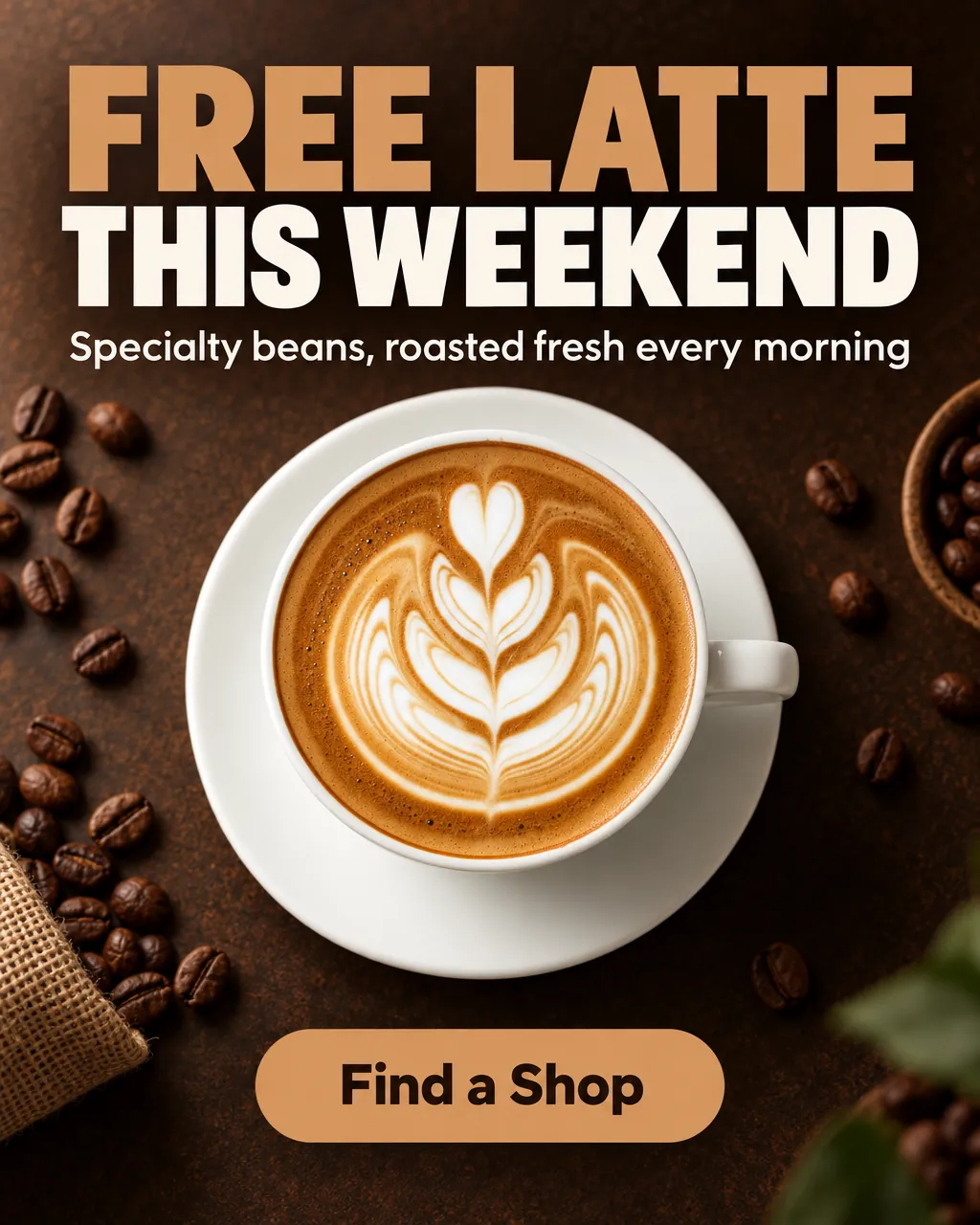FREE LATTE THIS WEEKEND — AI-made ad for BrewCraft (fictional specialty coffee roaster with six cafés). Latte with leaf art seen from above on a dark wooden table with coffee beans.