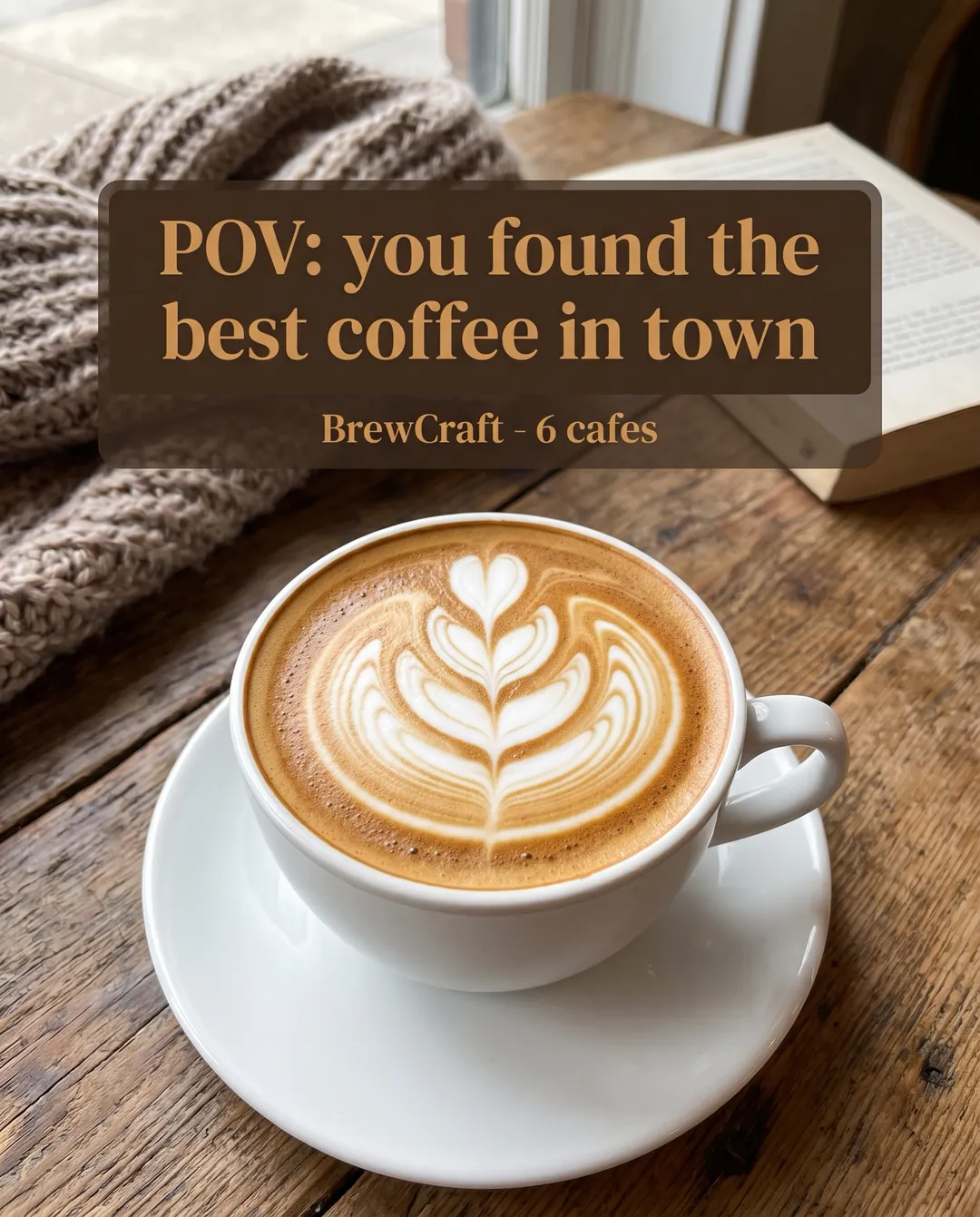 POV: you found the best coffee in town — AI-made ad for BrewCraft (fictional specialty coffee roaster with six cafés). Latte next to a knitted sweater and an open book, caption box on top.