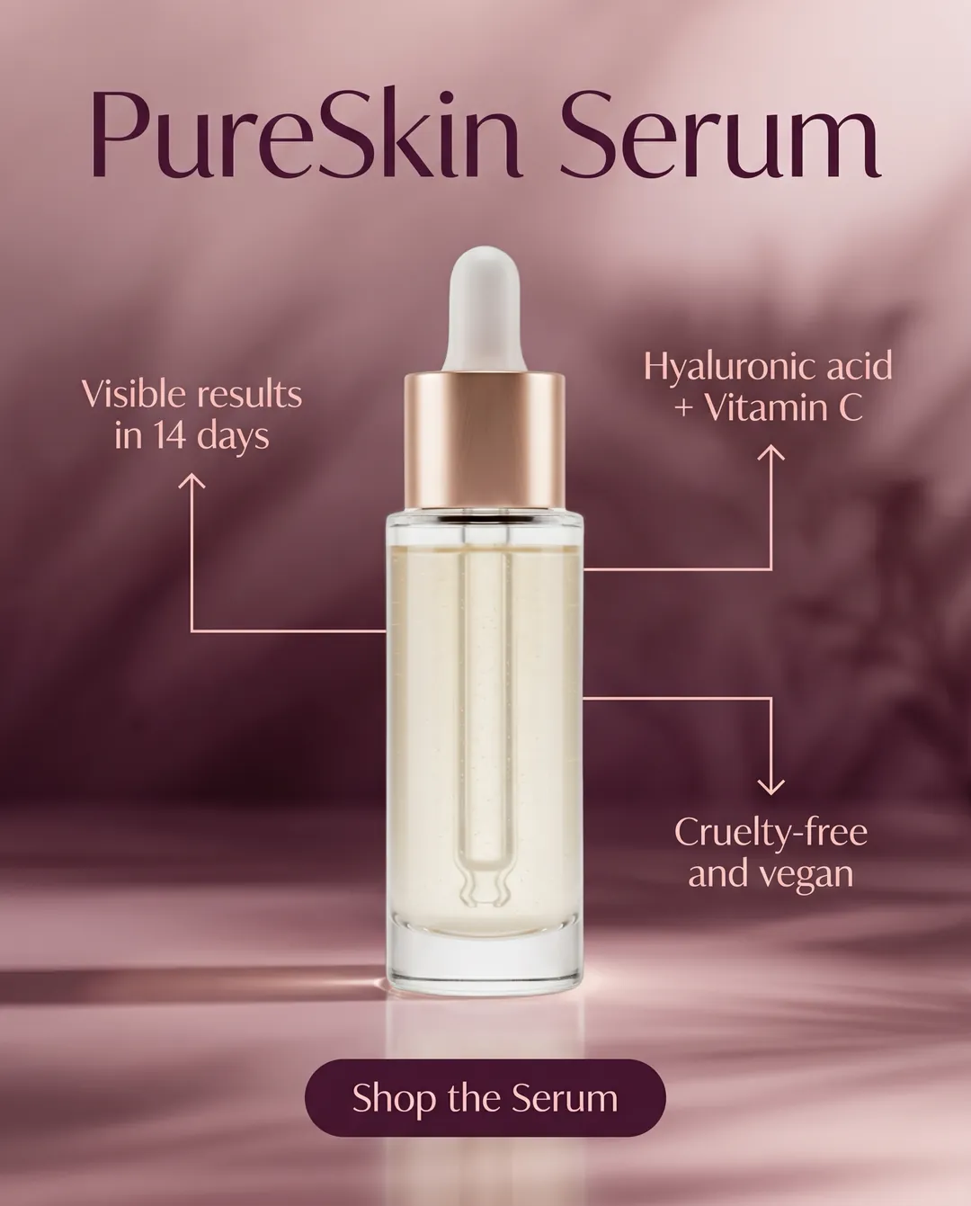 PureSkin Serum — AI-made ad for Lumière Beauty (fictional clean skincare brand (PureSkin vitamin C serum)). Serum bottle on mauve with thin-line callouts.