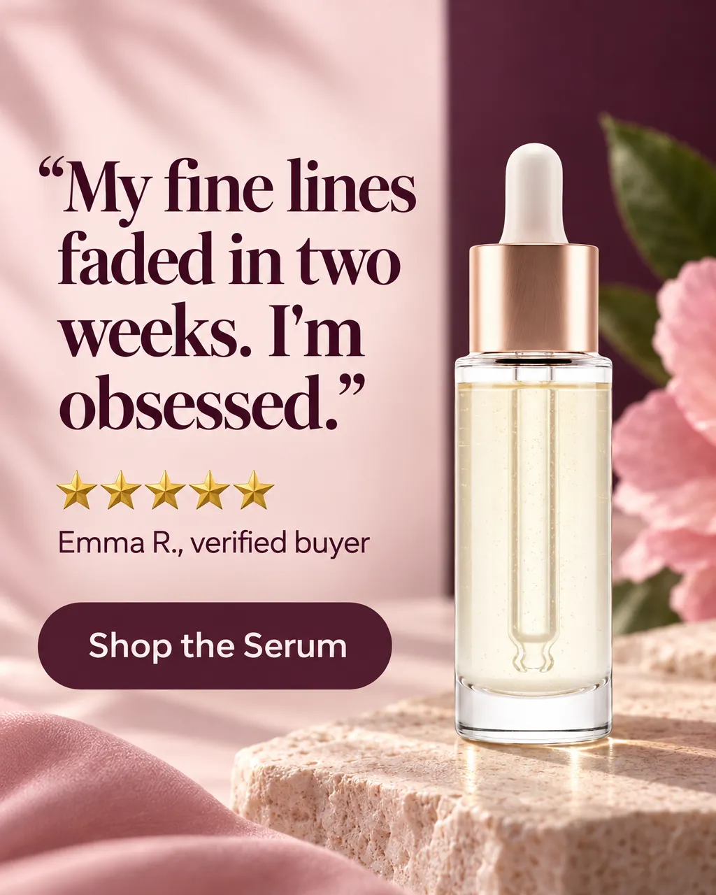 “My fine lines faded in two weeks. I’m obsessed.” — AI-made ad for Lumière Beauty (fictional clean skincare brand (PureSkin vitamin C serum)). Large serif quote beside the serum bottle and pink flowers.