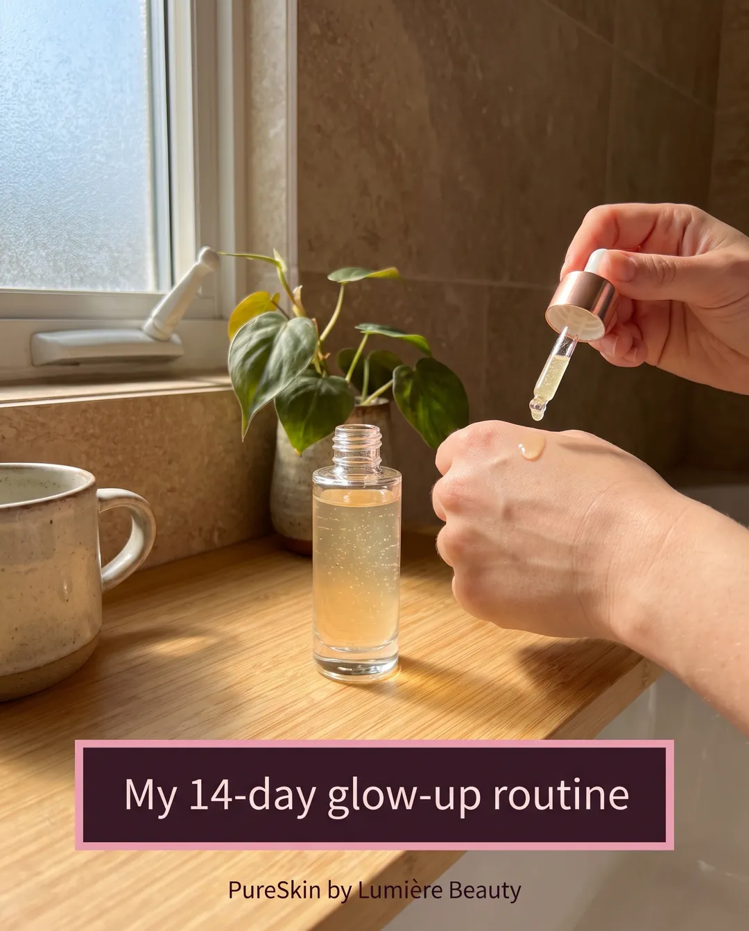 My 14-day glow-up routine — AI-made ad for Lumière Beauty (fictional clean skincare brand (PureSkin vitamin C serum)). Applying a drop of serum to the back of a hand by a bathroom window.