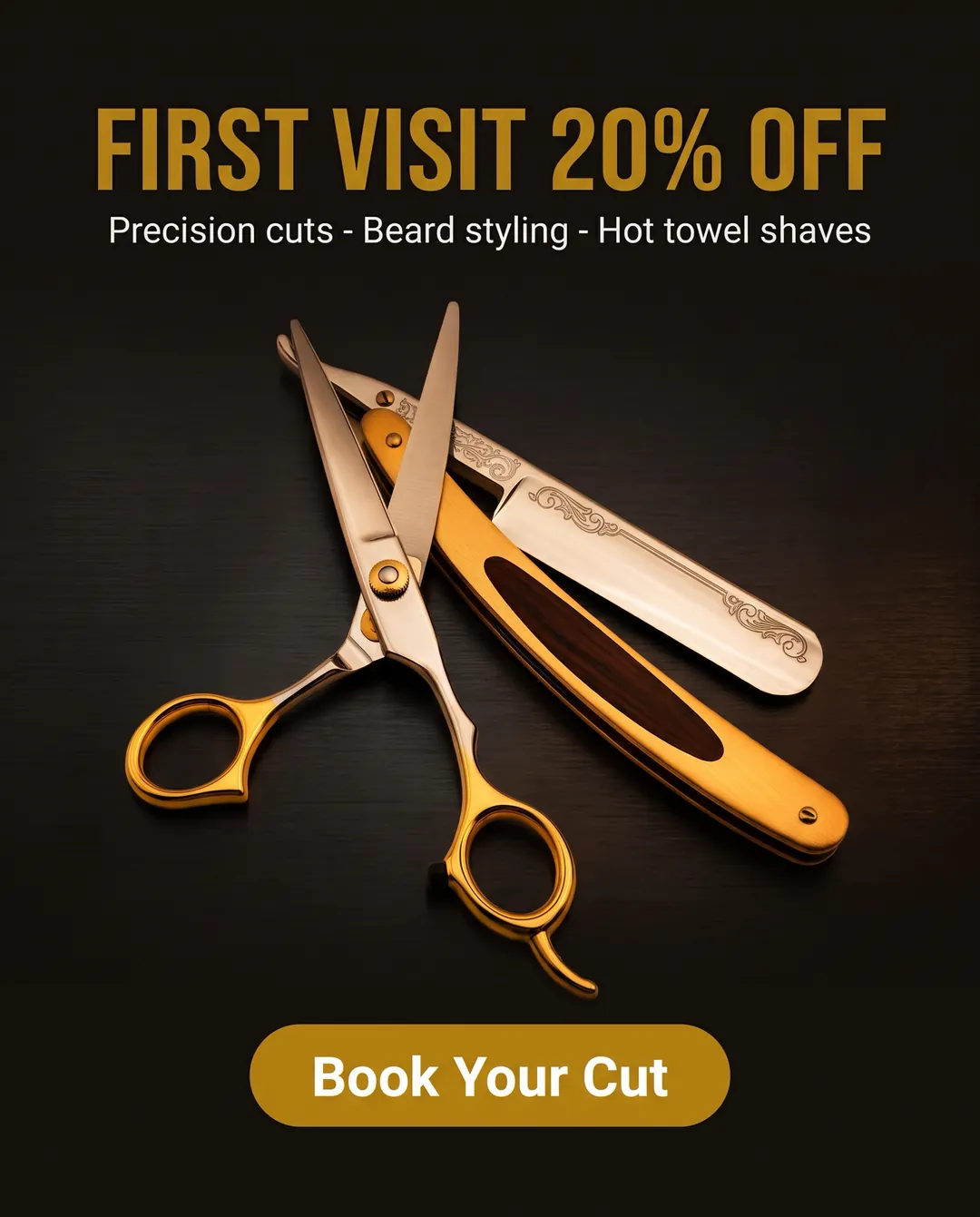 FIRST VISIT 20% OFF — AI-made ad for Sharp Edge Barbershop (fictional classic local barbershop). Scissors and razor crossed on a dark surface, gold headline.