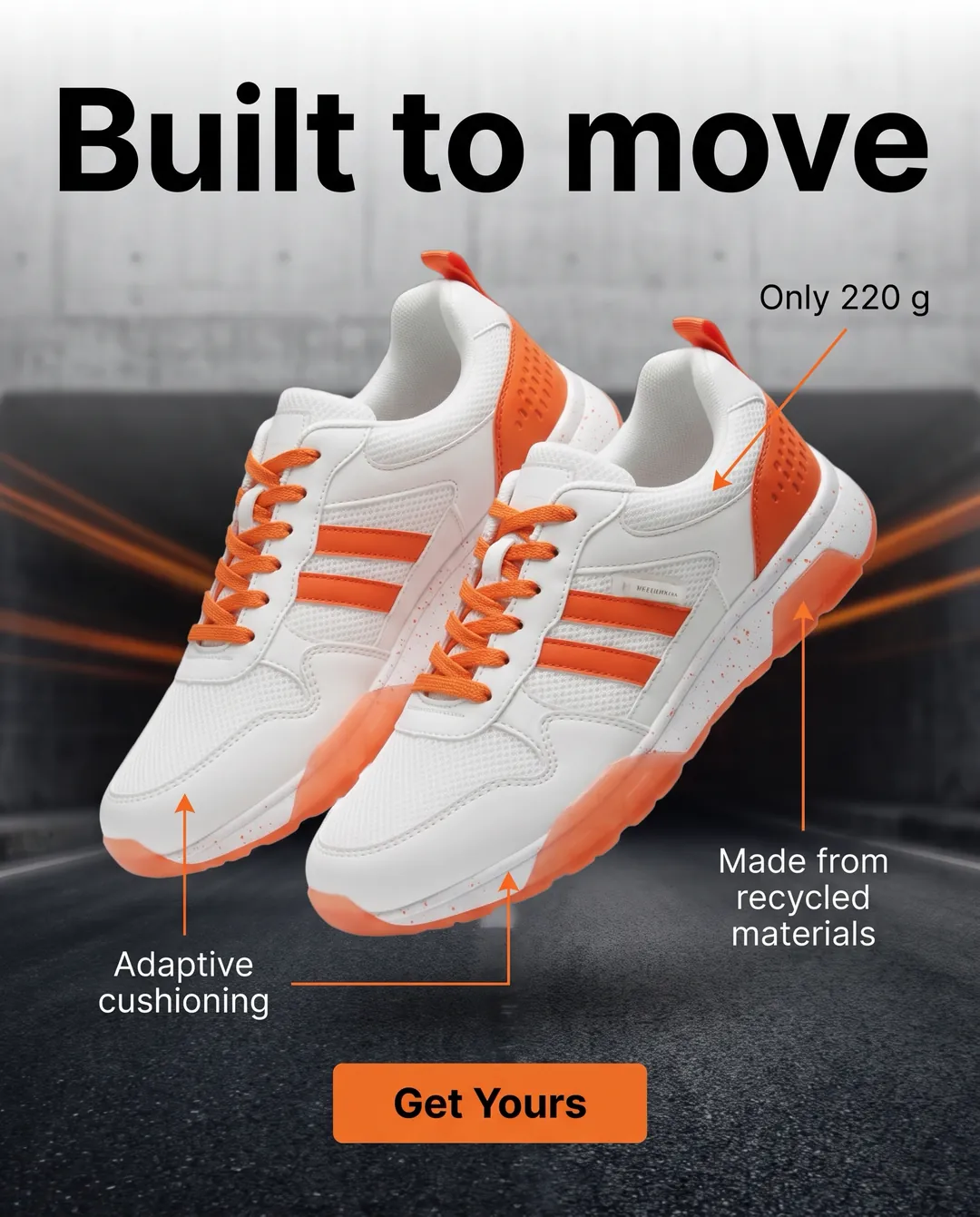 Built to move — AI-made ad for StreetPulse (fictional sneaker brand launching the X9 running shoe). Sneakers in a concrete tunnel with arrow callouts.