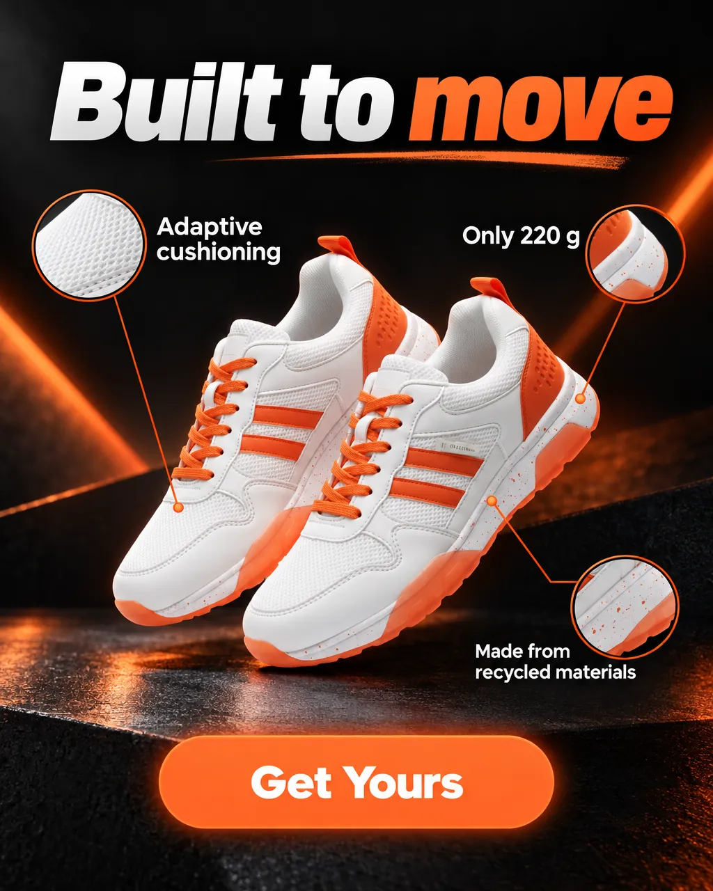Built to move — AI-made ad for StreetPulse (fictional sneaker brand launching the X9 running shoe). Sneakers with zoomed detail circles pointing at the sole, weight and fabric.