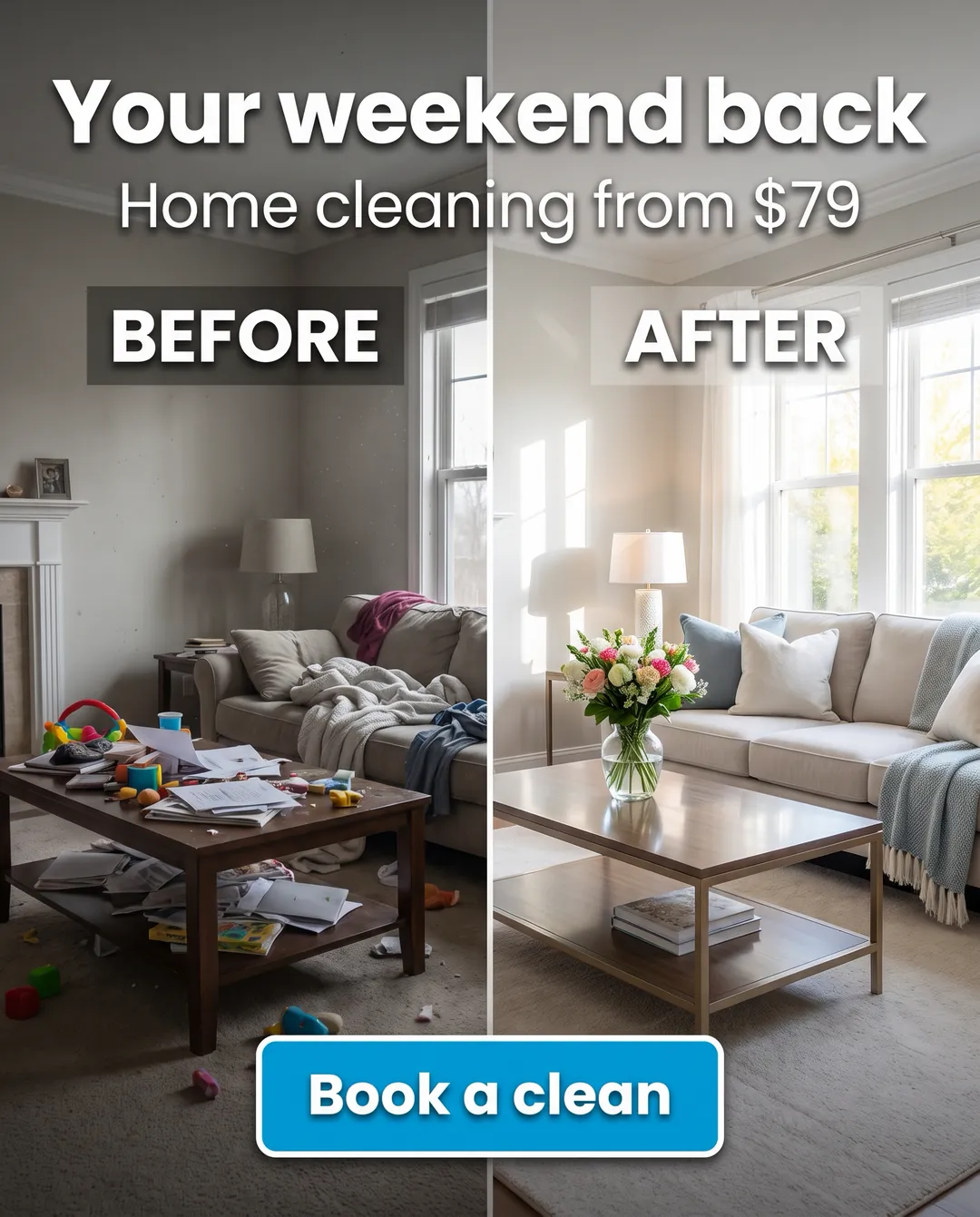 Your weekend back — AI-made ad for SparkleHome (fictional home cleaning service). Split photo of the same living room, messy on the left and spotless on the right.