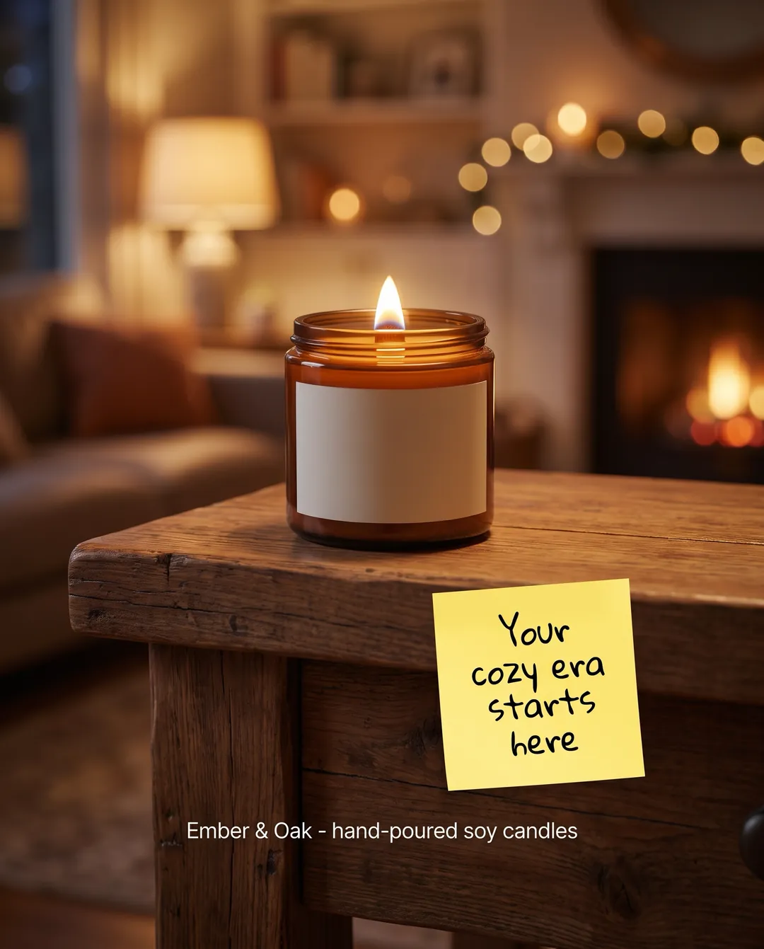 Your cozy era starts here — AI-made ad for Ember & Oak (fictional hand-poured soy candle maker). Yellow sticky note beside a glowing amber candle on a wooden side table.