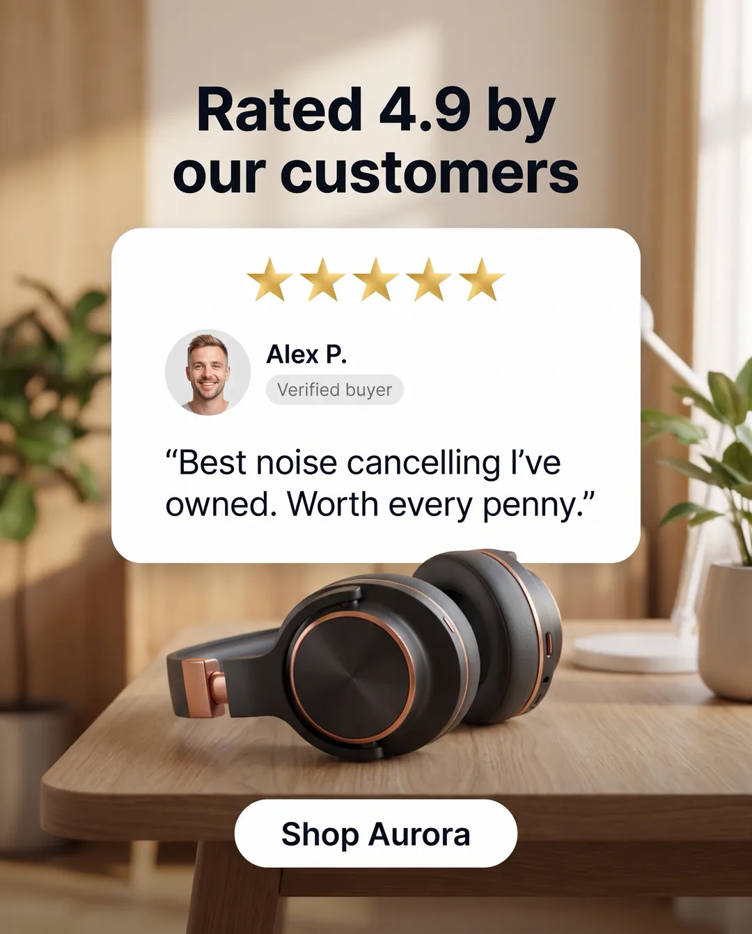 Rated 4.9 by our customers — AI-made ad for Aurora Audio (fictional wireless headphone brand). Five-star review card floating above headphones on a wooden desk.